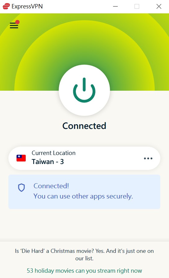 ExpressVPN 桌面客户端已连线界面，中央为大号连接按钮，显示已连接到某一地区并提示可安全使用其他应用
