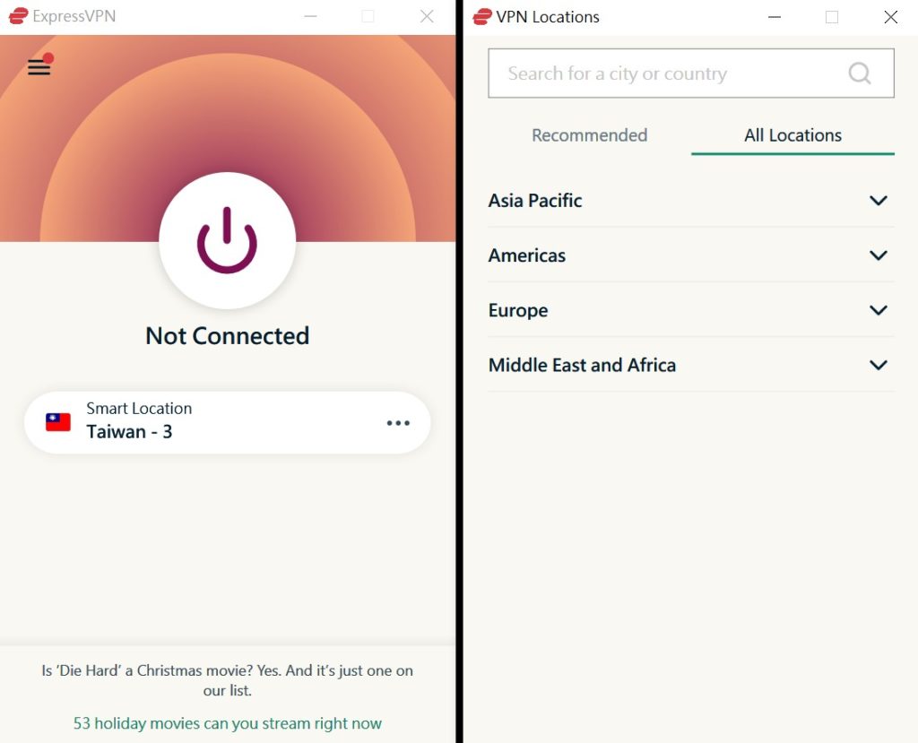 ExpressVPN 桌面客户端的地区选择面板，左侧为主界面未连线状态，右侧按亚太、美洲、欧洲、中东与非洲等区域列出可选位置