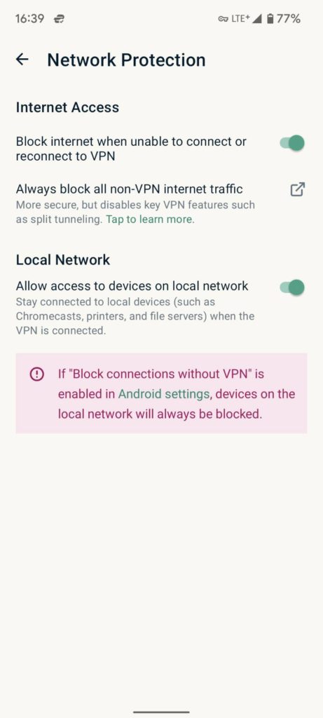 ExpressVPN 移动客户端的网络保护设置界面，包含无法连接时阻断上网、始终阻断非 VPN 流量，以及允许访问本地网络设备等开关