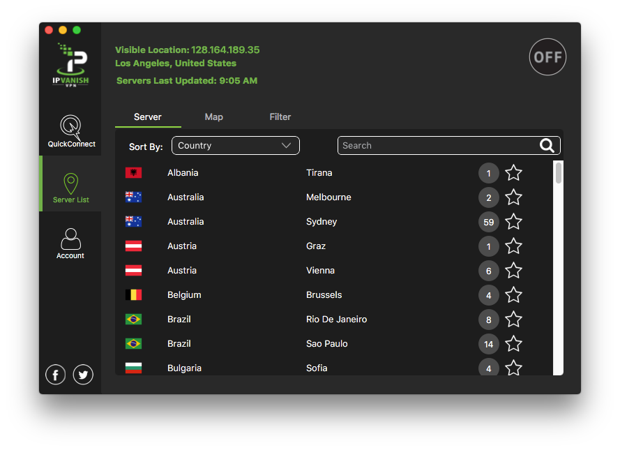 IPVanish macOS 客户端的服务器列表，按国家排序，列出阿尔巴尼亚、澳大利亚、奥地利、比利时、巴西、保加利亚等国家与所属城市及各城市服务器数量，顶部提供搜索、地图与筛选