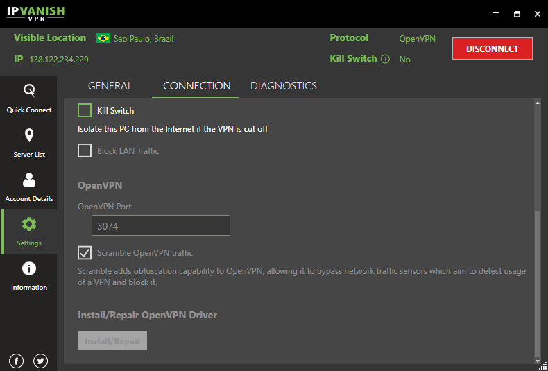 IPVanish Windows 客户端的连接设置界面，Connection 分页下可开启 Kill Switch、Block LAN Traffic，设置 OpenVPN 端口，并勾选 Scramble OpenVPN traffic 混淆选项