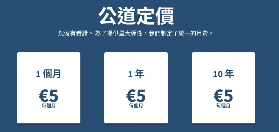 Mullvad 定价页面示意，标题为“公道定价”，1 个月、1 年、10 年三档的每月价格相同