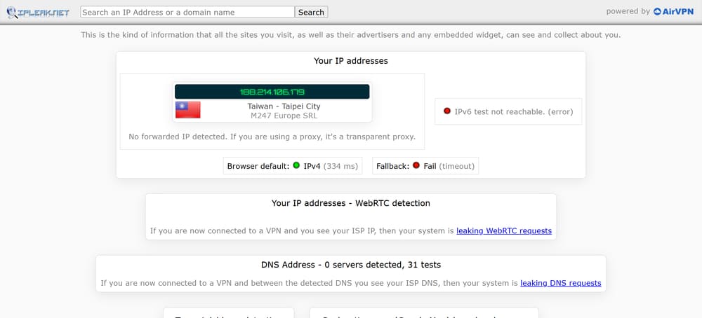 在 ipleak.net 上的检测结果，显示当前 IP 为 VPN 服务器地址、未检测到转发 IP，也没有 DNS 泄漏