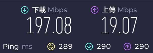 连接 Proton VPN 英国节点的测速结果，下载约 197 Mbps、上传约 19 Mbps、Ping 约 289 毫秒