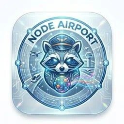 快狸品牌识别图，画面为 NODE AIRPORT 字样与狸猫图形